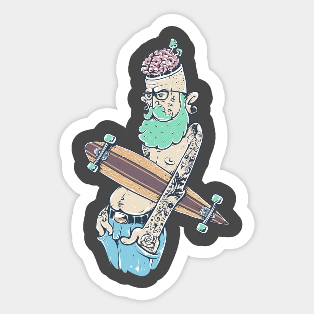 Hipster with Skateboard and Brains Sticker by bluerockproducts